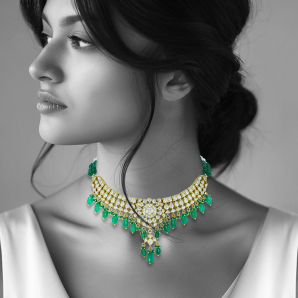 Polki Diamond Necklace with Captivating Design and Emerald Drops